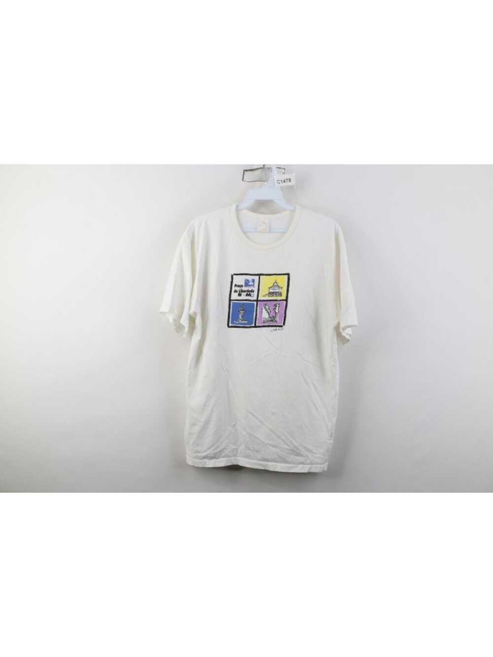 Vintage 90s Womens Medium Praca da Liberdade Brazil Short Sleeve T-Shirt White